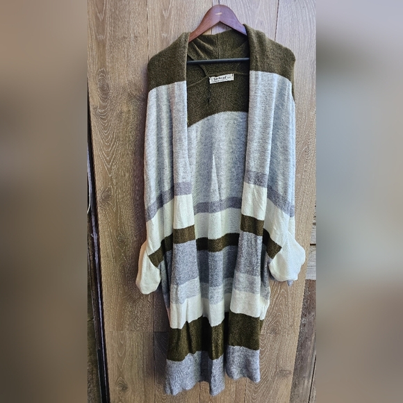 Three Bird Nest Long Cardigan Olive, Gray, Cream Striped Women's Cardigan L/XL - Picture 2 of 5